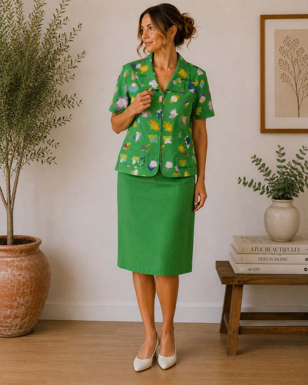 Anne Crimmins JM Collections Green Vintage 90s 2 Piece Skirt Suit Set Sz 16